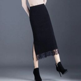 Skirt Black Wild Thick Lace Spliced Medium Length Slim Hip Wrapped Skirt High Strecth Knitting Empire Split Fork Autumn Winter Grace