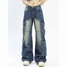 Women's Jeans Dark Blue Simple Vintage White Design High Waisted Street Aesthetic Fashion Y2k Baggy Straight Cargo Pants