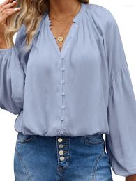 Women's Blouses VONDA Women Elegant Blouse 2024 Casual Solid Color Shirts Fashion Long Sleeve Party Tops Autumn V Neck Lantern Blusa