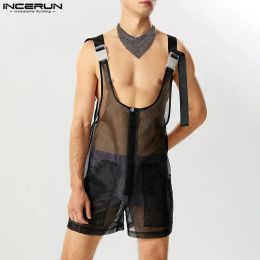 Overalls INCERUN 2023 Fashionable New Men Jumpsuits Seethrough Mesh Design Casual Sexy Style Hot Selling Thin Solid Pocket Rompers S5XL