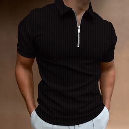 Mens summer short sleeved striped zippered polo shirt mens slim fit sports lapel casual top polo shirt. 240307