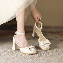 Sell Baotou High Sandles Heels Womens Summer Bow Hollow One Line Buckle Square Head Thick Heel Sandals Flip Flops For Women 240228