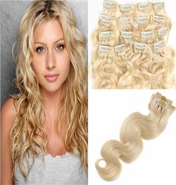 Clip in Hair Extensions Real Human Hair 16 Inch 7pcs wavy Dirty Blonde to Bleach Blonde Highlight Hair Extensions Clip ins Thick D5421668