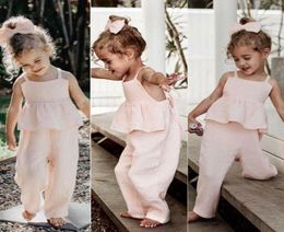 Jumpsuits 16Y Kids Baby Girls Clothes Cotton Linen Ruffle Romper Sleeveless Backless Wide Leg Pants Trousers Summer Clothing6751913