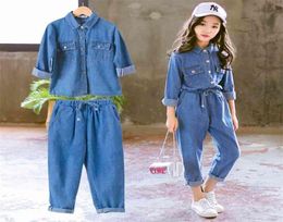 Denim Kids Clothing Set Casual Children Two Piece Suit Solid Blue Jeans Tops Pants Teenage Girl Spring Autumn Tracksuit 2108048761035