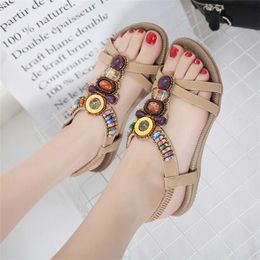 Stylish Bohemian Sandles Large Size Womens Shoes Ethnic Roman Style Sandals Heel Beach Beaded Flat Heels 240228