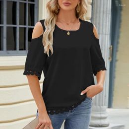 Women's Blouses Women Shirts Solid Colour O-Neck Hollow Out Off Shoulder Half Sleeve Lace Office Lady Party Casual Top Spring Summer 2024