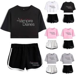 Sets 2022 Summer Women the Vampire Diaries Two Piece Set Summer Harajuku Cotton Print Crop Top T Shirt and Shorts Girls Yoga Suits