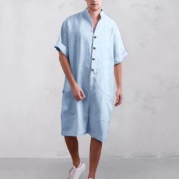Pants 2023 Men's Summer Short Sleeve Solid Colour Button Shirt Washed Cotton Shirts Sexy Home Jumpsuit Shortsleeved Shorts Jumpsuit