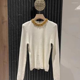 Women's Sweaters 2024 Early Spring Solid Colour Sequined Round Neck Long-sleeved Knitted Tops For Women