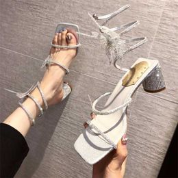 Trendy Rhinestone Transparent Sandals Platform Wedges Womens High Sandles Heels Summer Sandal Shoes Versatile Thick Heel Fairy Bow Roman Flip Flop 240228