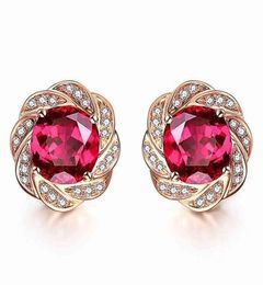 14k rose gold Colour flower red crystal ruby gemstones diamonds stud earrings for women classical Jewellery brincos fashion bijoux 211039650