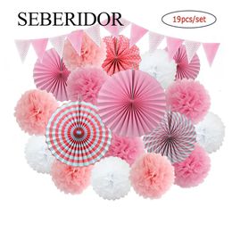Kids Girl Comunion Party Favour Pink Set Hanging Mixed Size Paper Fan Tissue Pompom For Boy Baptism Wedding Anniversary Decor 240301