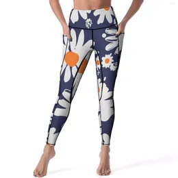 Women's Leggings Daisies White Blue Sexy Abstract Flowers Design Gym Yoga Pants High Waist Quick-Dry Sports Tights Pockets Vintage