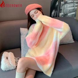 Women's Sweaters 2024 Womens Winter Sweet Gradient Color Mohair Loose Fashion Long Sweater Casual Korean Jumpers Thick Round Neck Lazy