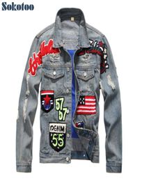 Sokotoo Men039s American flag badge patch design slim denim jacket Vintage letters patchwork ripped distressed coat Outerwear4265418