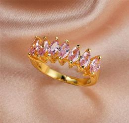 Wedding Rings Cute Female Pink Crystal Stone Ring Vintage Yellow Gold Color For Women Promise Bride Leaf Zircon Engagement7951997