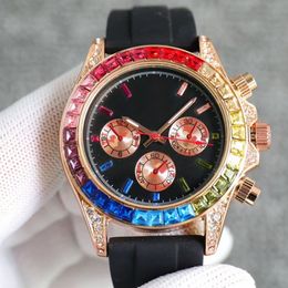 Fashion Men's Watch Quartz Movement Watch Six-Hand Watch Rainbow Diamond Dial Black Rubber Strap Mineral-reinforced Glass Design Dial Chronograph Watch