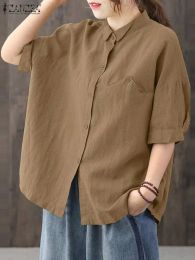 Shirt ZANZEA Vintage OL Shirt Woman Half Sleeve Lapel Neck Solid Blouse Summer Casual Cotton Tunic Tops Fashion Work OL Blusas 2023