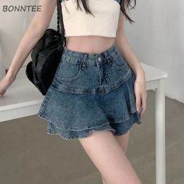 skirt Ruffles Denim Mini Skirts Women Vintage High Waist Aline Fishtail Faldas Solid Girls Hotsweet Casual Allmatch Streetwear Chic