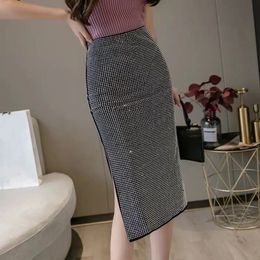 Women Dress Solid Empire Fashion Diamonds Mid-Calf Elastic Tight Skirt Korean Sexy Lady Skirts for Women Euro-America Style 240307