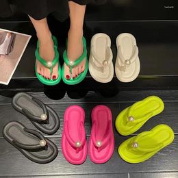 Slippers Summer Fashion Pearl Soft Flip Flops Slipper For Women 2024 Clip Toe Platform Pillow Slides Woman Light Non Slip Beach Sandals