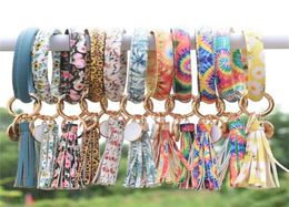 Fashion Women Pattern Tassel Bracelets PU Leather Wrap Key Ring Leopard Lily Print Keychain Keyring Circle Bangle Chain Wristlet Bracelet Holder For Girl8011564