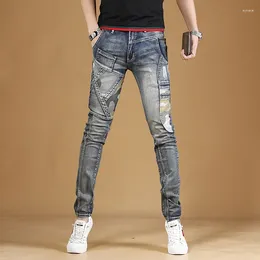 Men's Jeans Camouflage Patchwork Blue Men Streetwear Casual Slim Fit Straight Denim Pants