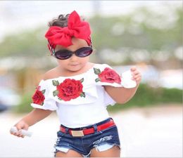 2Pcs Toddler Kids Baby Girls Clothes Summer Sleeveless Flower Tops Jeans Denim Short Outfits Girls Clothing Set5635491