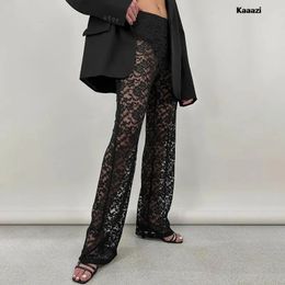 KAAAZI Versatile Sexy Patchwork Lace See Through Straight Pants Summer Streetwear Women Slim Long Pants Trend Fashion 240304