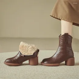 Boots 2024 Winter Split Leather Warm Wool Women Round Toe Chunky Heel Platform For High Heels Short