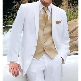 Suits White Groom Tuxedos for Wedding 3 piece Custom Boyfriend Men Suits Set Jacket Gold Vest with Pants Man Fashion Clothes 2023