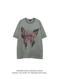 Men's T-Shirts Wukong has stock of style high street distressed washed short sleeved T-shirts mens trendy brand loose butterfly print versatile half sleeved tee