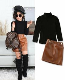 2021 Newest Toddler Baby Girls Kids Turtleneck Long Puff Sleeve Sweater Tops Leather Pencil Skirt 2PCS Outfit Clothes Set 208800097