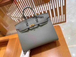 Genuine Leather Handbag LHandmade wax thread 25cm rain cloud grey gold buckle Epsom palm grain cowhide high-end portable womens bag