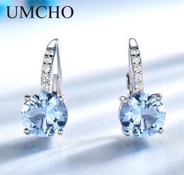 UMCHO Real 925 Sterling Silver Clip Earrings For Women Gemstone Sky Blue Topaz Female Earrings Round Wedding Valentine039s Jewe6534912