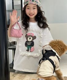 Big girls cartoon bear printed T-shirts big kids lace hollow embroidery short sleeve Tees teenagers casual clothes Z7005