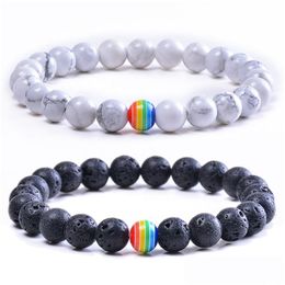 Beaded Fashion Rainbow Bead Couple Bracelet Set Handmade Natural Stone Black Lava Rock Howlite Lgbt Gay Bangle For Women Men Jewelry Dhjga