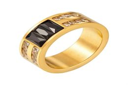 Wedding Rings Luxury Double Layer CZ Crystal Stainless Steel Big Black Geometric Square Stone For Women Men Couple Party JewelryWe9483699