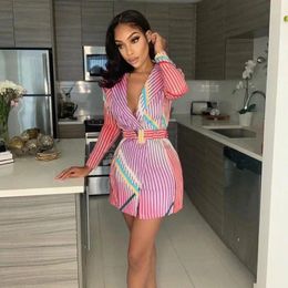 Women's Suits Indie Striped Multicolor Blazer Dress With Free Metal Buckle Belt Women Plus Size Mid-Length Style Casual Office