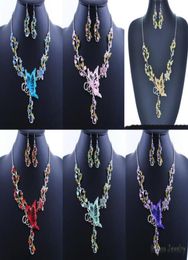 6 Colors Women Butterfly Flower Rhinestone Pendant Statement Necklace Earrings Jewelry Set Fashion Jewelry Bridal Wedding Dress Je9195087