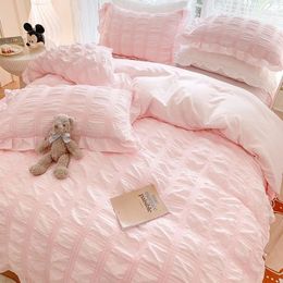 Seersucker Princess Bed Set Solid Colour Quilt Cover Kawaii Ruffle Lace Skirt For Girls Woman Bedspread Decor Home 240226