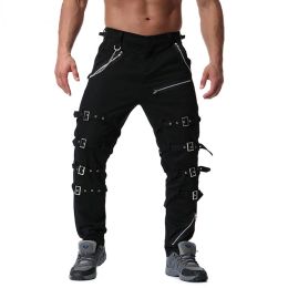 Pants Mens Black Hip Hop Rock Punk Gothic Pants 2022 Fashion Cotton Casual Hiking Riding Cargo Pants Zips Chain Strap Trousers