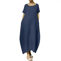 Casual Dresses Vintage Cotton Linen Long For Women Summer Solid Colour Round Neck Short Sleeve Boho Maxi Dress Pocket Loose Kaftan