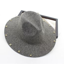 Wide Brim Wool Felt Fedora Jazz Hats Rivets Decor Women Men Panama Style Trilby Party Cowboy Cap Unisex Fashion Gambler Hat3119