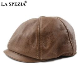 LA SPEZIA Khaki Men's Newsboy Gap Genuine Cowskin Leather Octagonal Cap Male Beret Autumn Winter Men Vintage Duckbill Hats 20266B