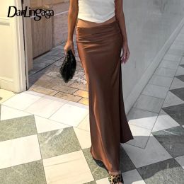 Skirt Darlingaga Chic Elegant Brown Low Waist Long Skirt Female Summer Side Split Solid Basic Fashion Satin Skirts Party Maxi Outfits