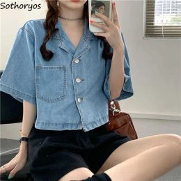 Shirt Retro Denim Short Sleeve Shirts Women Casual Straight Crop Tops Female Pockets Chic Designer Baggy French Vintage High Street OL