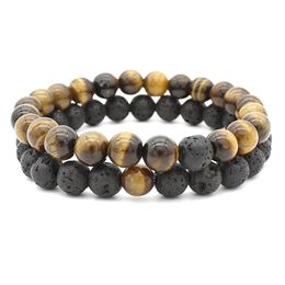 Beaded Bk Natural Stone Couple Bracelets Set For Women Mens Agate Tiger Eye Charm Essential Oil Diffuser Lava Rock Beads Bangle Handm Dhswx