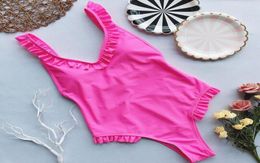 Newly Women One Piece Solid Colour Backless Ruffle Swimsuit Petal Pushup Pink Bikini Backless Swimwear Bathing Suit6812989